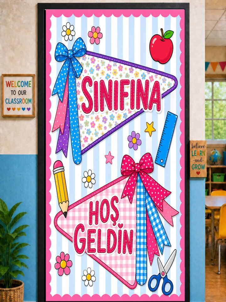 190x75cm Lastikli kapı süsü, Kumaş kapı giydirme, Sınıfına Hoş Geldin, Sınıf Kapısı, Okul etkinlik kapı süsü