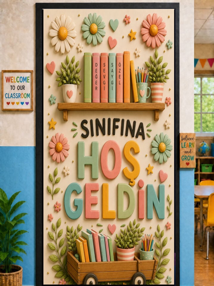 190x75cm Lastikli kapı süsü, Kumaş kapı giydirme, Sınıfına Hoş Geldin, Sınıf Kapısı, Okul etkinlik kapı süsü