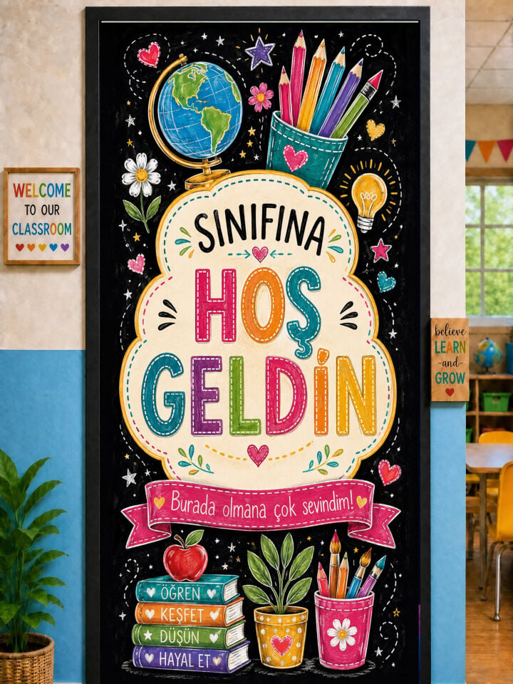 190x75cm Lastikli kapı süsü, Kumaş kapı giydirme, Sınıfına Hoş Geldin, Sınıf Kapısı, Okul etkinlik kapı süsü