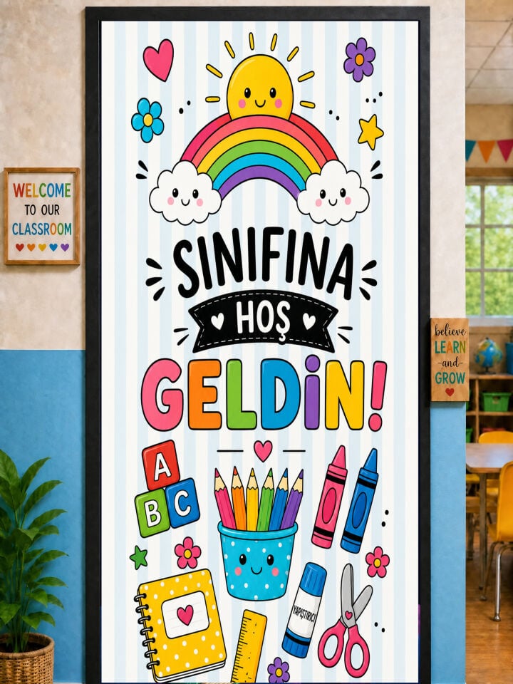 190x75cm Lastikli kapı süsü, Kumaş kapı giydirme, Sınıfına Hoş Geldin, Sınıf Kapısı, Okul etkinlik kapı süsü