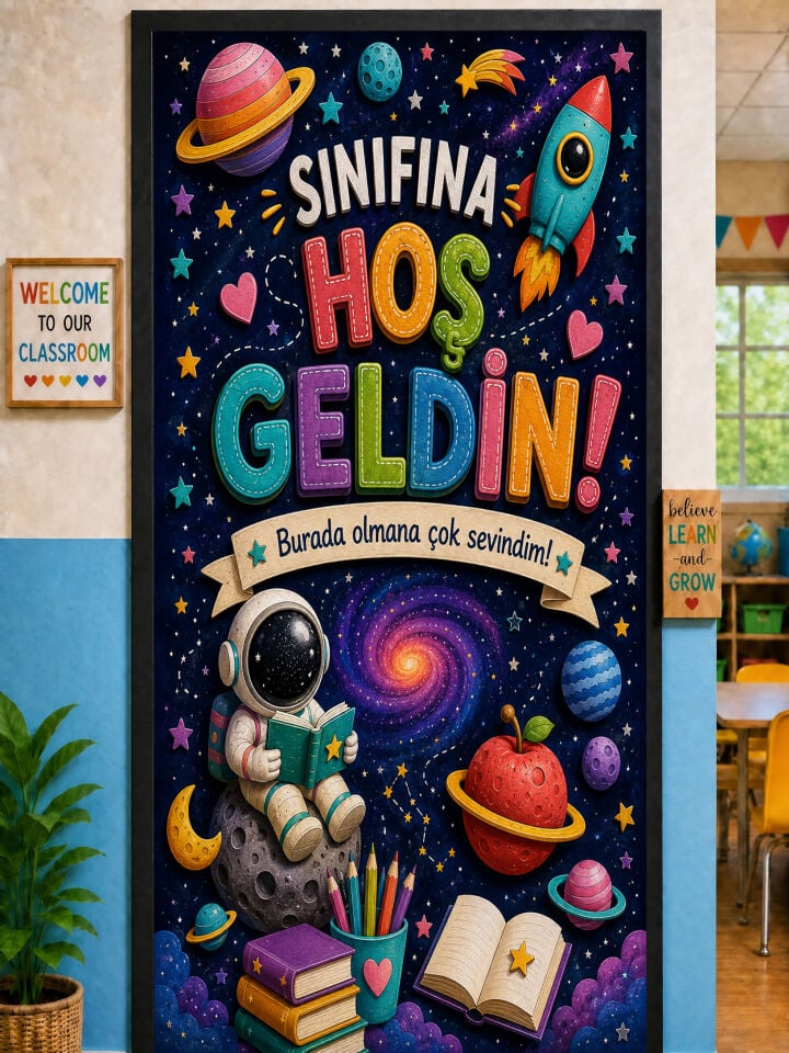 190x75cm Lastikli kapı süsü, Kumaş kapı giydirme, Sınıfına Hoş Geldin, Sınıf Kapısı, Okul etkinlik kapı süsü