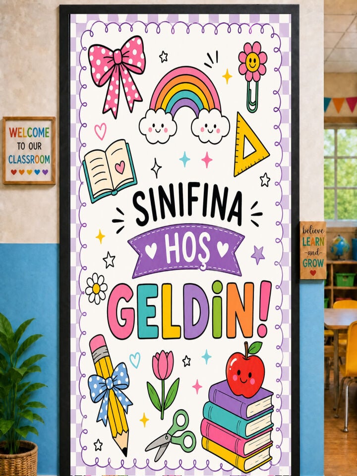 190x75cm Lastikli kapı süsü, Kumaş kapı giydirme, Sınıfına Hoş Geldin, Sınıf Kapısı, Okul etkinlik kapı süsü