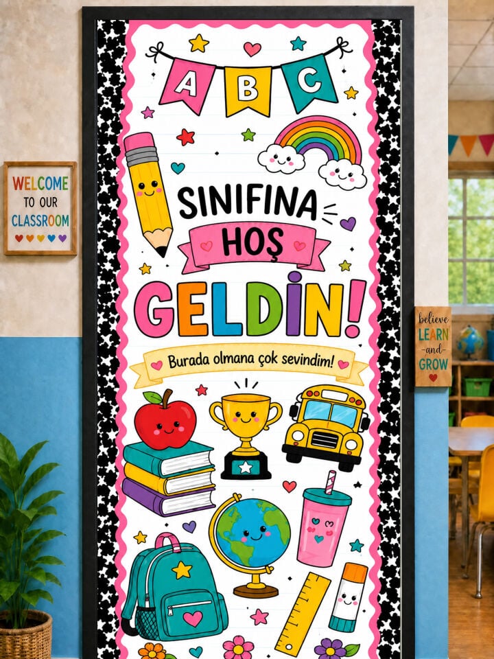 190x75cm Lastikli kapı süsü, Kumaş kapı giydirme, Sınıfına Hoş Geldin, Sınıf Kapısı, Okul etkinlik kapı süsü