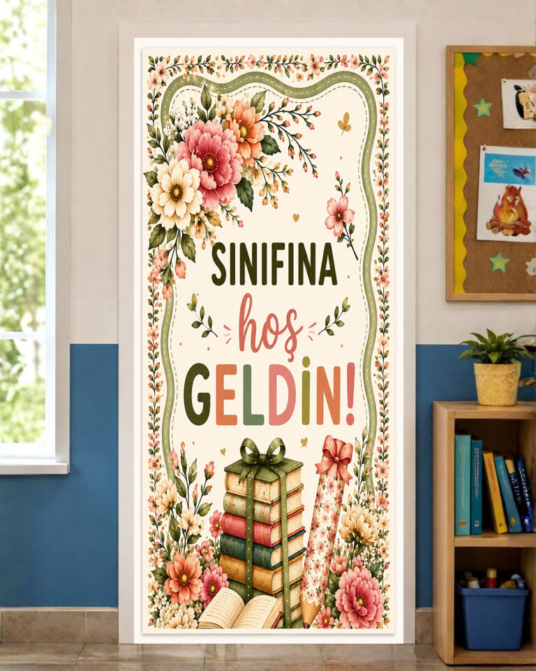 190x75cm Lastikli kapı süsü, Kumaş kapı giydirme, Sınıfına Hoş Geldin, Sınıf Kapısı, Okul etkinlik kapı süsü