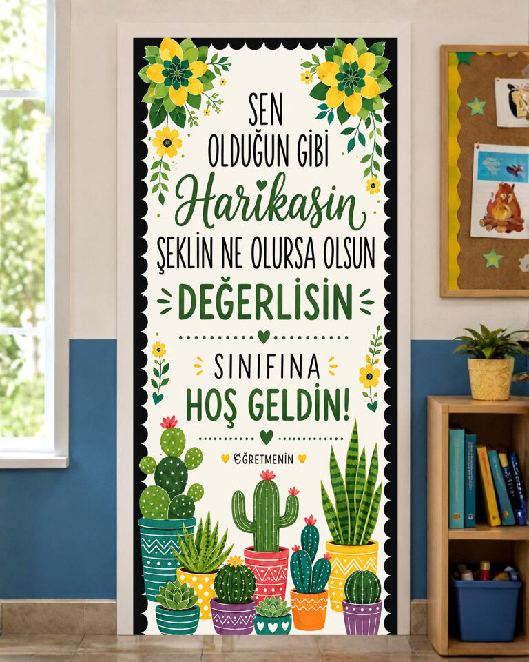 190x75cm Lastikli kapı süsü, Kumaş kapı giydirme, Sen Olduğun Gibi Harikasın, Sınıf Kapısı, Okul etkinlik kapı süsü
