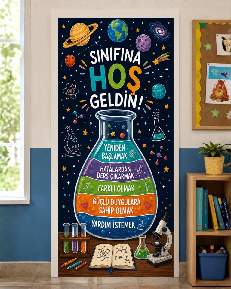190x75cm Lastikli kapı süsü, Kumaş kapı giydirme, Sınıfına Hoş Geldin, Sınıf Kapısı, Okul etkinlik kapı süsü