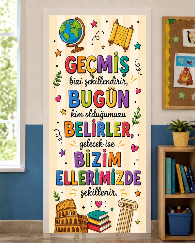 190x75cm Lastikli kapı süsü, Kumaş kapı giydirme, Geçmiş Bugün Gelecek, Sınıf Kapısı, Okul etkinlik kapı süsü