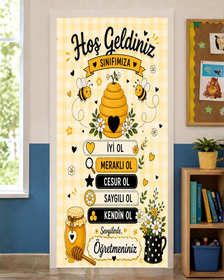 190x75cm Lastikli kapı süsü, Kumaş kapı giydirme, Hoş Geldiniz Sınıfımıza, Sınıf Kapısı, Okul etkinlik kapı süsü