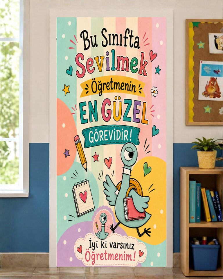 190x75cm Lastikli kapı süsü, Kumaş kapı giydirme, Öğretmenin En Güzel Görevi, Sınıf Kapısı, Okul etkinlik kapı süsü