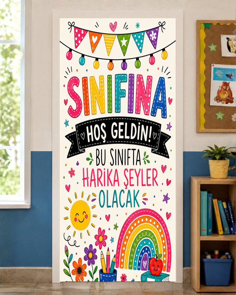 190x75cm Lastikli kapı süsü, Kumaş kapı giydirme, Sınıfına Hoş Geldin, Sınıf Kapısı, Okul etkinlik kapı süsü