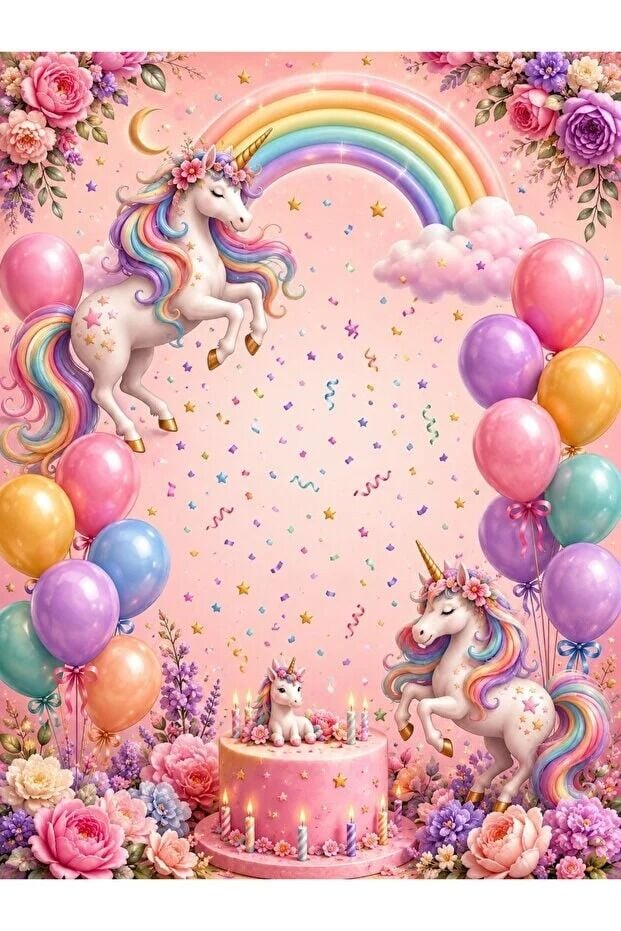 Unicorn, Pembe, Gökkuşağı Konseptli, Doğum Günü, Özel Gün, Kutlama, Okul Etkinlik Kumaş Pano