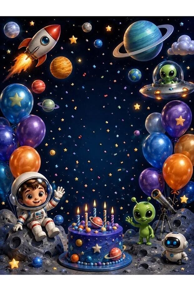 Uzay, Gezegenler, Astronot Konsepti, Doğum Günü, Özel Gün, Kutlama, Okul Etkinlik Kumaş Pano