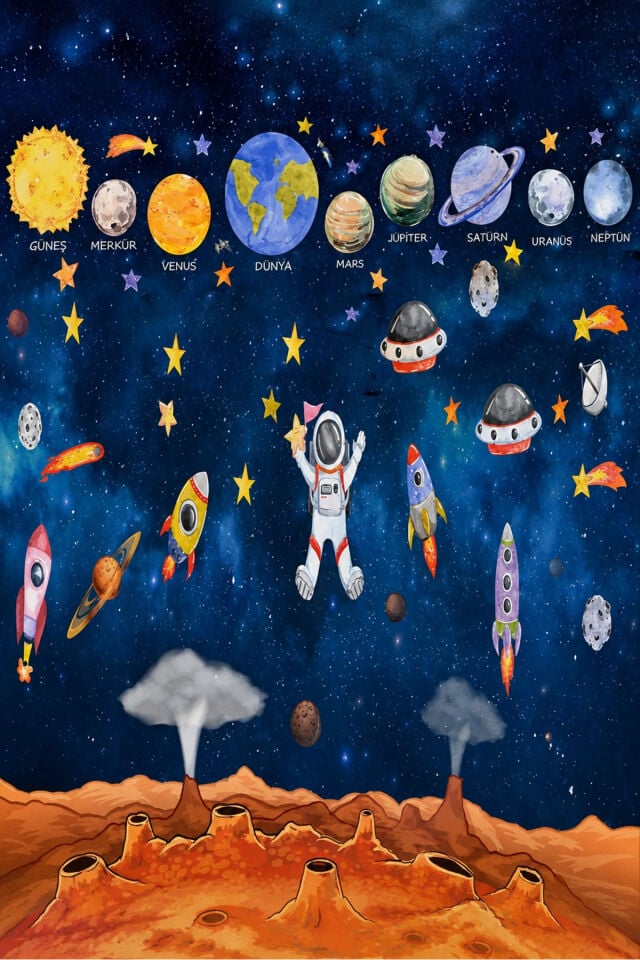 150x200 cm, Uzay, Gezegen Temalı, Karne, Mezuniyet, Doğum Günü, Okul Etkinlik Kumaş Pano
