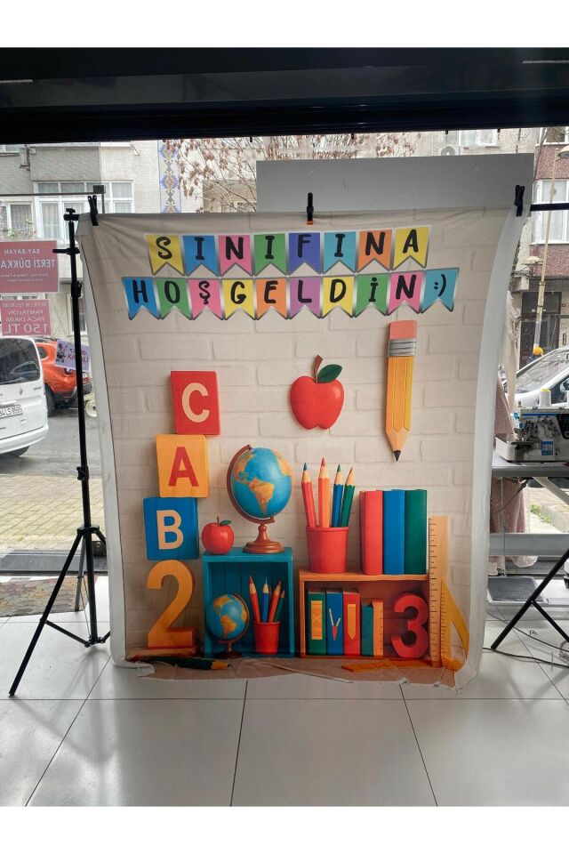 200x200 cm Ek Dikişli, Sınıfına Hoşgeldin, Okul Etkinlik Kumaş Fon