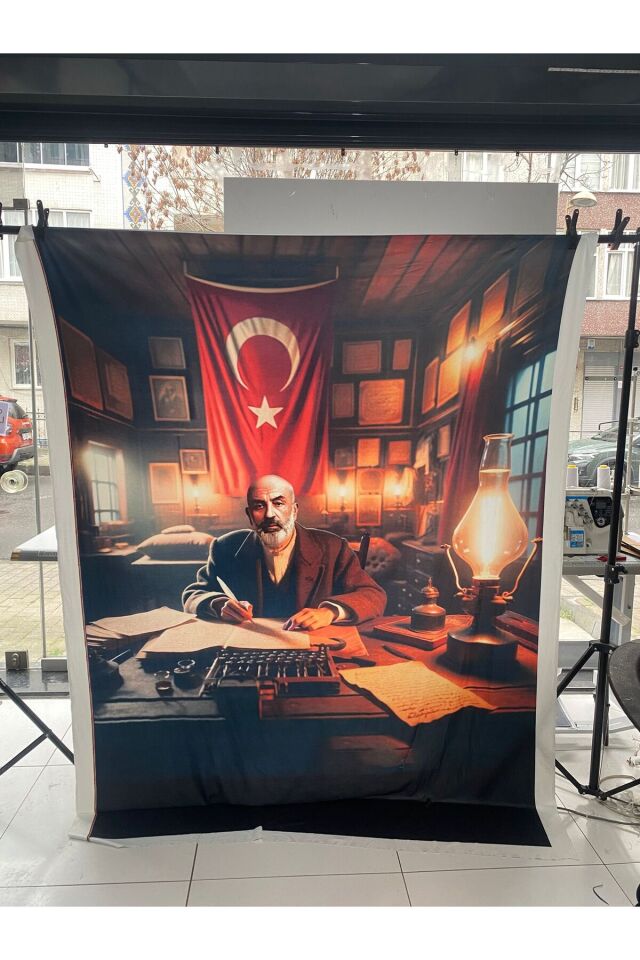250x200 cm Ek Dikişli, 12 Mart İstiklal Marşı, Okul Etkinlik Kumaş Fon