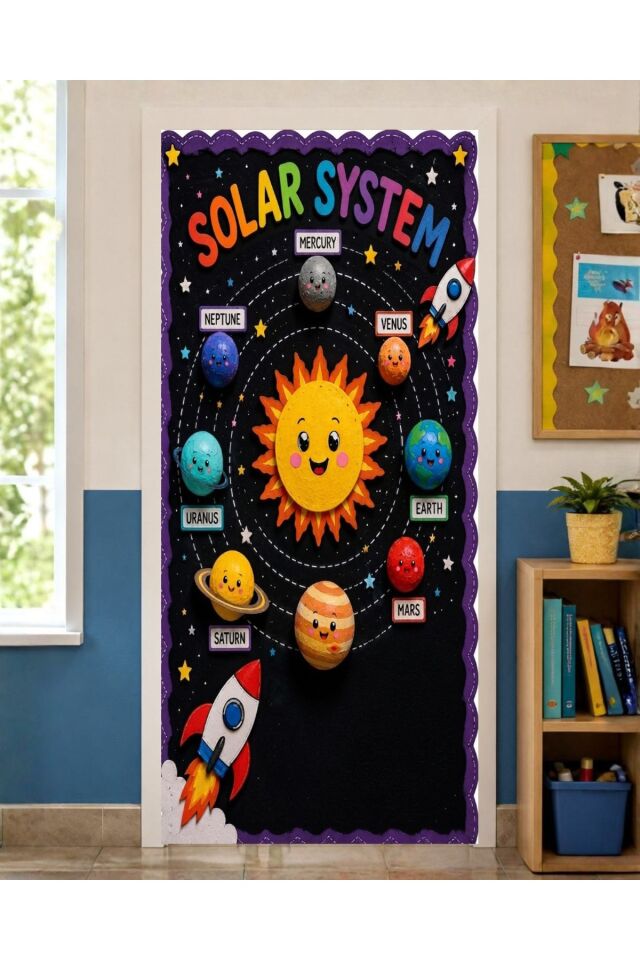 190x75cm Lastikli kapı süsü, Kumaş kapı giydirme, Solar System Temalı, Sınıf Kapısı, Okul etkinlik kapı süsü