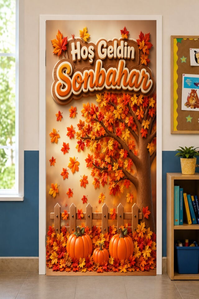 190x75cm Lastikli kapı süsü, Kumaş kapı giydirme, Hoş Geldin Sonbahar, Sınıf Kapısı, Okul etkinlik kapı süsü