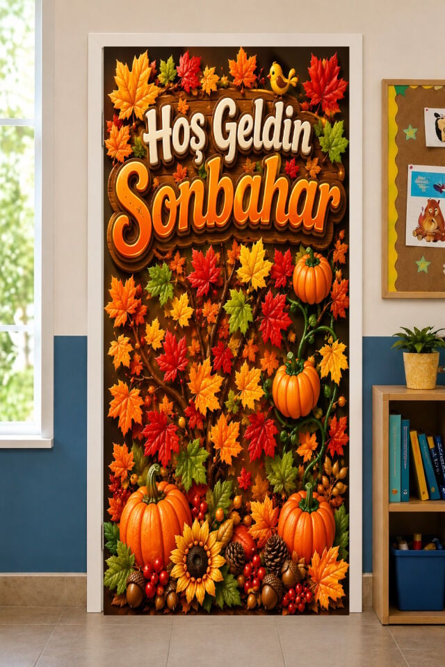 190x75cm Lastikli kapı süsü, Kumaş kapı giydirme, Hoş Geldin Sonbahar, Sınıf Kapısı, Okul etkinlik kapı süsü