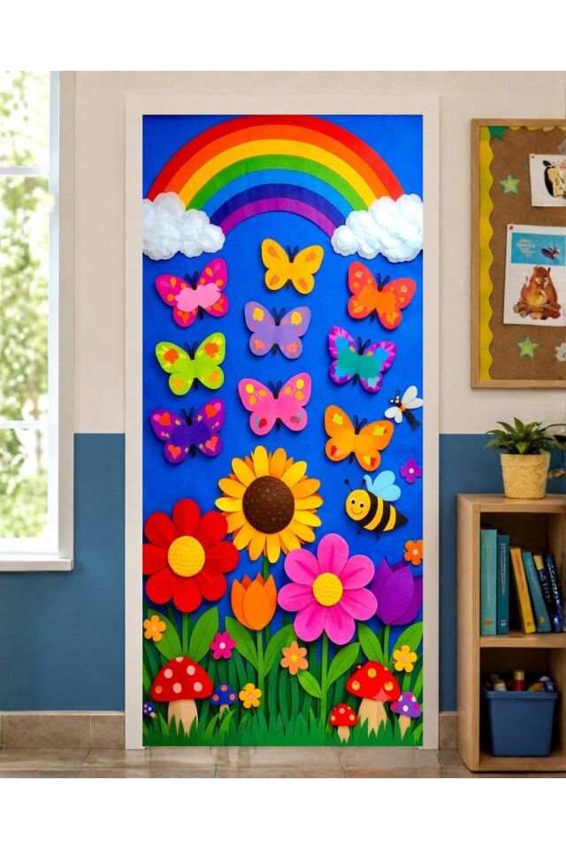 190x75cm Lastikli kapı süsü, Kumaş kapı giydirme, Renkli Çiçek Ve Kelebek Temalı, Sınıf Kapısı, Okul etkinlik kapı süsü