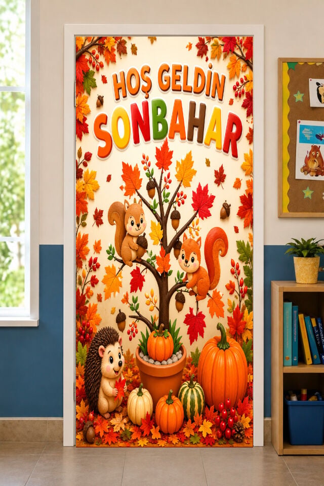 190x75cm Lastikli kapı süsü, Kumaş kapı giydirme, Hoş Geldin Sonbahar, Sınıf Kapısı, Okul etkinlik kapı süsü
