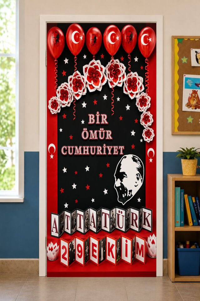 190x75cm Lastikli kapı süsü, Kumaş kapı giydirme, 29 Ekim, Bir Ömür Cumhuriyet, Sınıf Kapısı, Okul etkinlik kapı süsü
