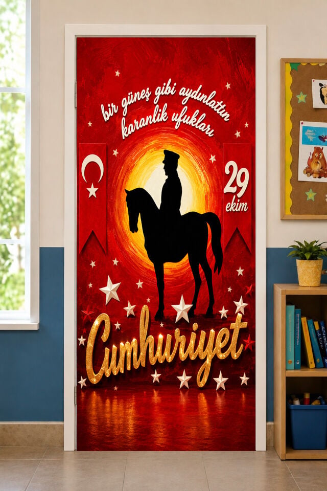 190x75cm Lastikli kapı süsü, Kumaş kapı giydirme, 29 Ekim Cumhuriyet Bayramı, Sınıf Kapısı, Okul etkinlik kapı süsü