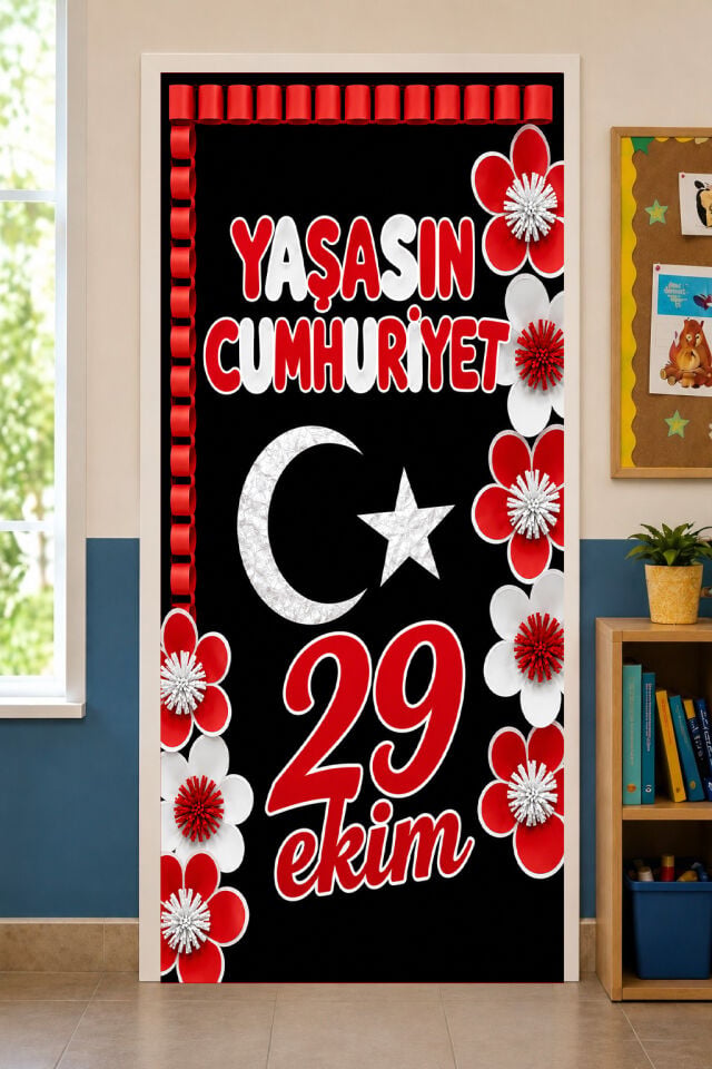 190x75cm Lastikli kapı süsü, Kumaş kapı giydirme, Yaşasın Cumhuriyet 29 Ekim, Sınıf Kapısı, Okul etkinlik kapı süsü