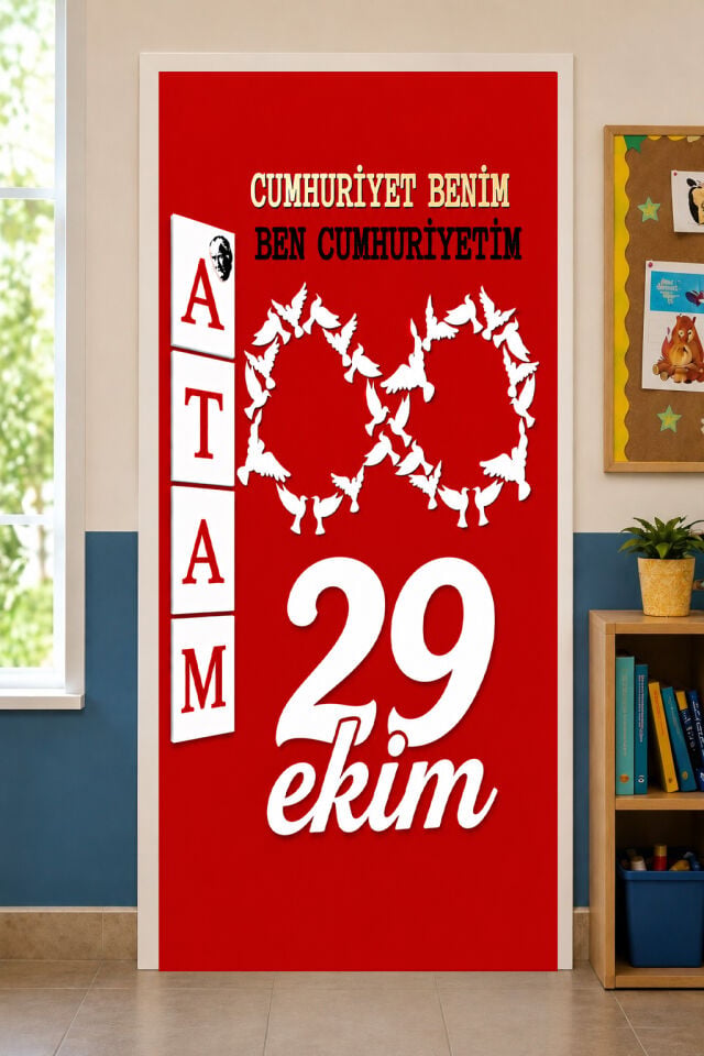 190x75cm Lastikli kapı süsü, Kumaş kapı giydirme, Cumhuriyet Benim Ben Cumhuriyetim, 29 Ekim, Sınıf Kapısı, Okul etkinlik kapı süsü