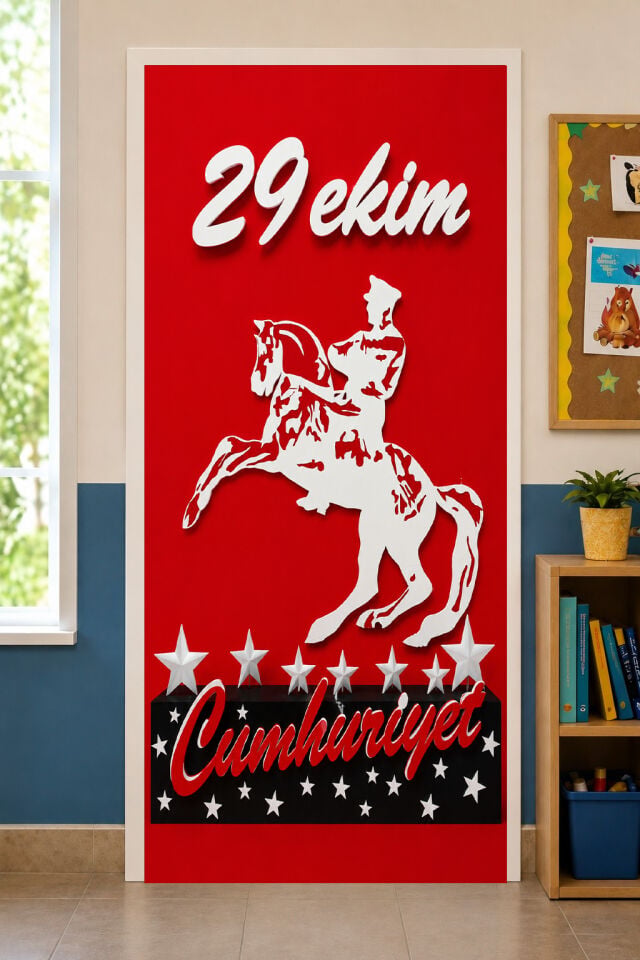 190x75cm Lastikli kapı süsü, Kumaş kapı giydirme, 29 Ekim Cumhuriyet, Sınıf Kapısı, Okul etkinlik kapı süsü