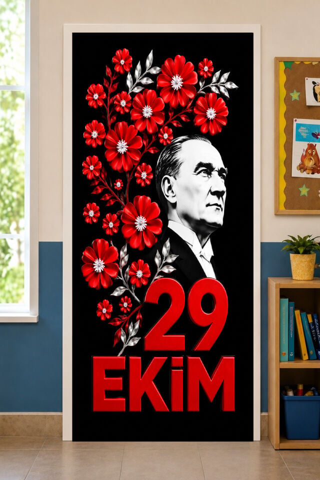 190x75cm Lastikli kapı süsü, Kumaş kapı giydirme, 29 Ekim Cumhuriyet Bayramı, Sınıf Kapısı, Okul etkinlik kapı süsü