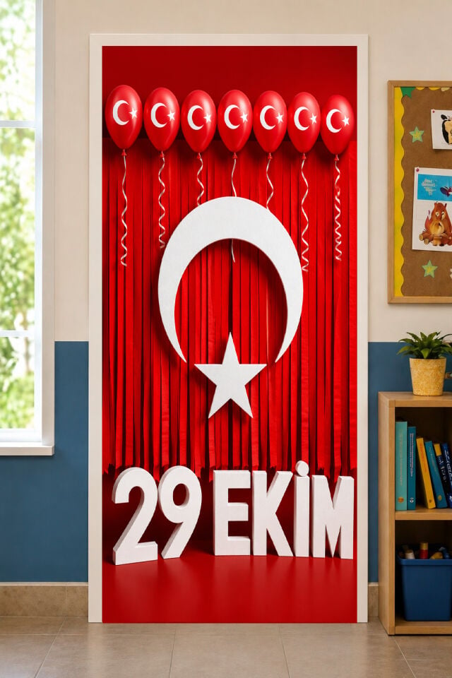190x75cm Lastikli kapı süsü, Kumaş kapı giydirme, 29 Ekim Cumhuriyet Bayramı, Sınıf Kapısı, Okul etkinlik kapı süsü