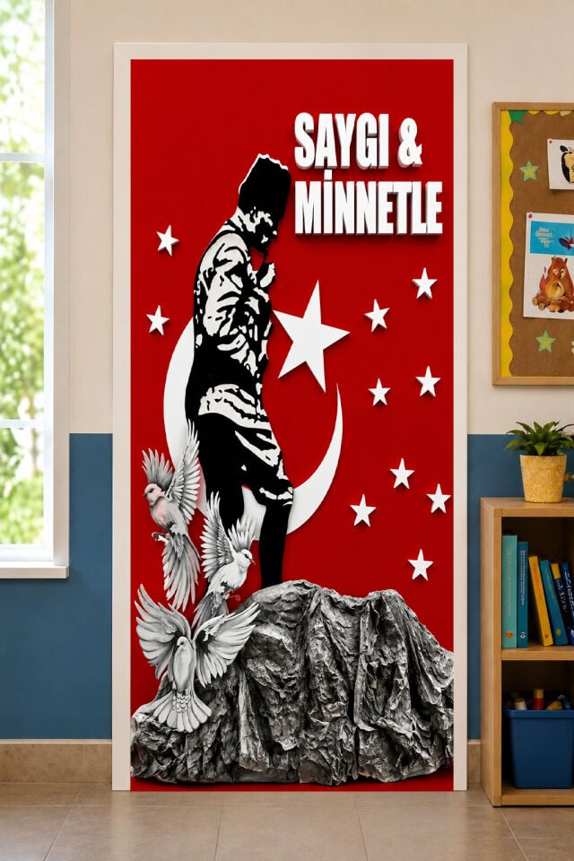 190x75cm Lastikli kapı süsü, Kumaş kapı giydirme, Saygı ve Minnetle, 29 Ekim, Sınıf Kapısı, Okul etkinlik kapı süsü