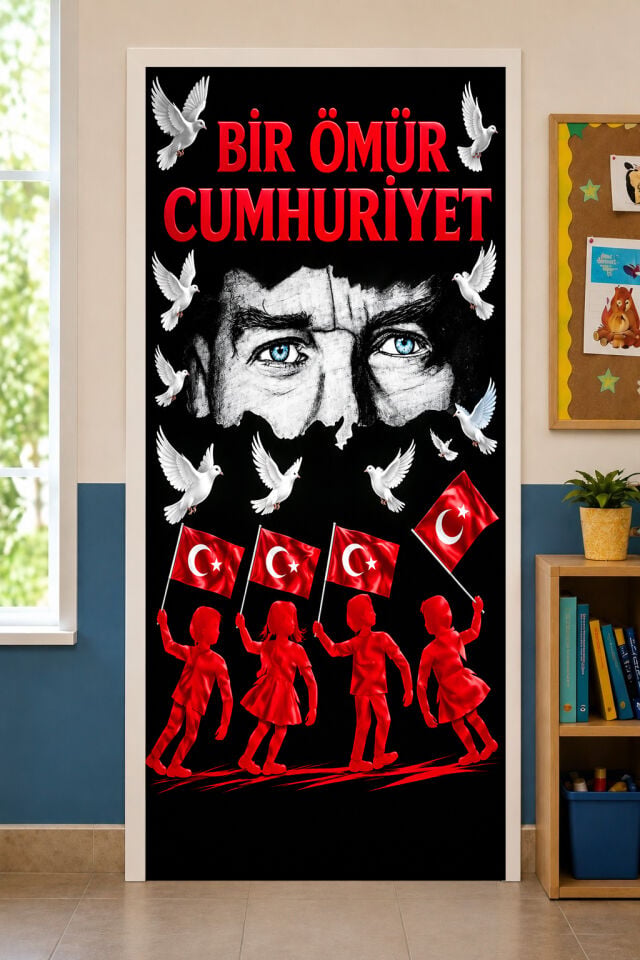 190x75cm Lastikli kapı süsü, Kumaş kapı giydirme, Bir Ömür Cumhuriyet , 29 Ekim, Sınıf Kapısı, Okul etkinlik kapı süsü