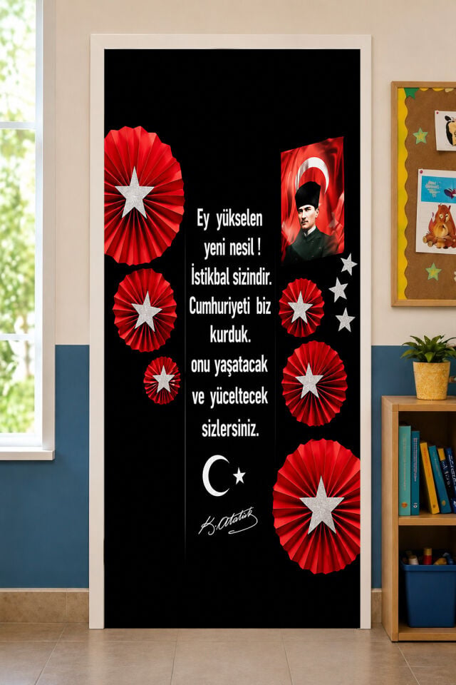 190x75cm Lastikli kapı süsü, Kumaş kapı giydirme, 29 Ekim Cumhuriyet Bayramı, Sınıf Kapısı, Okul etkinlik kapı süsü