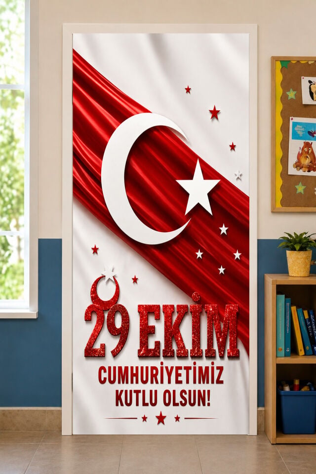 190x75cm Lastikli kapı süsü, Kumaş kapı giydirme, 29 Ekim Cumhuriyet Bayramı, Sınıf Kapısı, Okul etkinlik kapı süsü