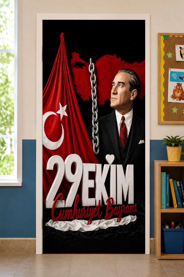 190x75cm Lastikli kapı süsü, Kumaş kapı giydirme, 29 Ekim Cumhuriyet Bayramı, Sınıf Kapısı, Okul etkinlik kapı süsü