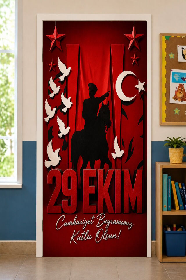 190x75cm Lastikli kapı süsü, Kumaş kapı giydirme, 29 Ekim Cumhuriyet Bayramı, Sınıf Kapısı, Okul etkinlik kapı süsü