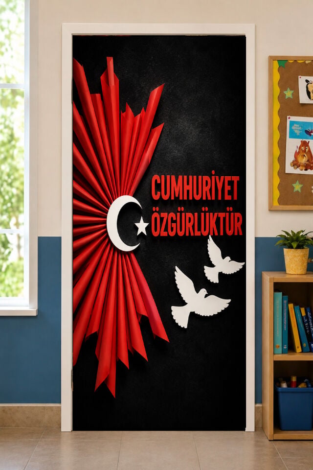 190x75cm Lastikli kapı süsü, Kumaş kapı giydirme, 29 Ekim Cumhuriyet Özgürlüktür, Sınıf Kapısı, Okul etkinlik kapı süsü