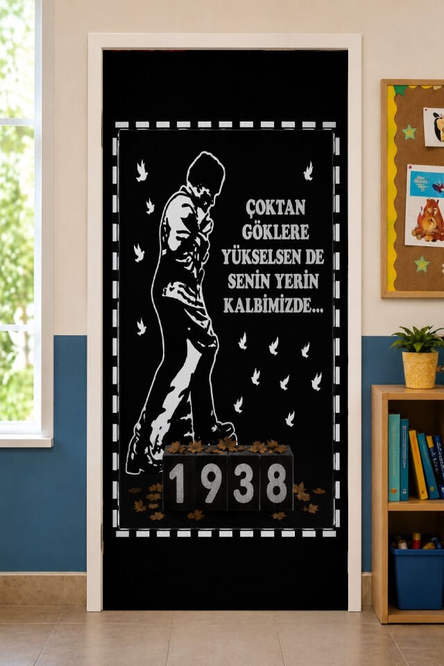 190x75cm Lastikli kapı süsü, Kumaş kapı giydirme, 10 Kasım Atatürk, Sınıf Kapısı, Okul etkinlik kapı süsü