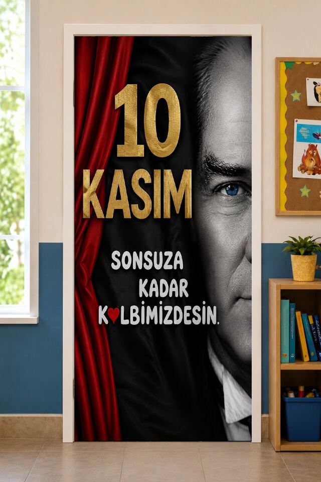 190x75cm Lastikli kapı süsü, Kumaş kapı giydirme, 10 Kasım Atatürk, Sınıf Kapısı, Okul etkinlik kapı süsü