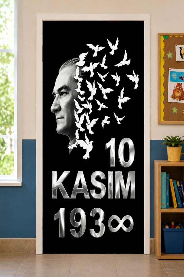 190x75cm Lastikli kapı süsü, Kumaş kapı giydirme, 10 Kasım Atatürk, Sınıf Kapısı, Okul etkinlik kapı süsü