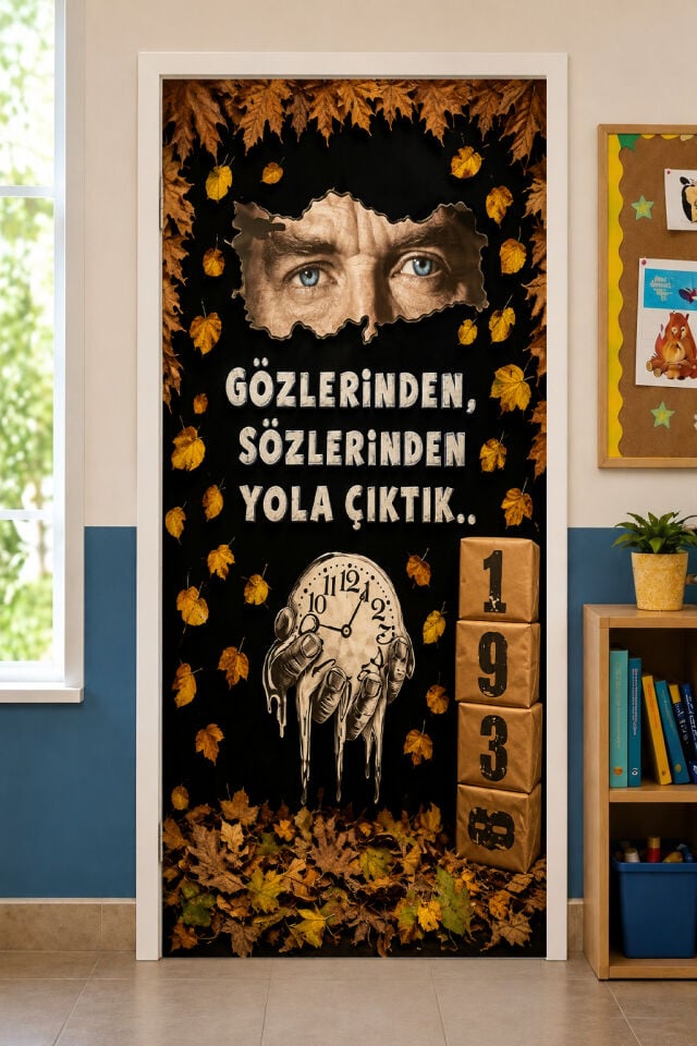 190x75cm Lastikli kapı süsü, Kumaş kapı giydirme, 10 Kasım Atatürk, Sınıf Kapısı, Okul etkinlik kapı süsü