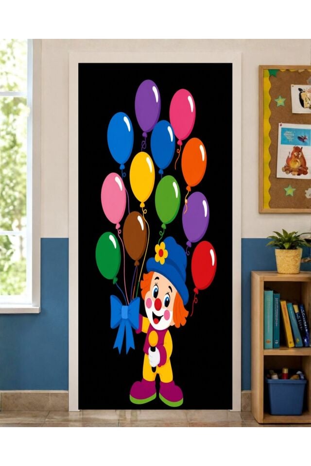 190x75cm Lastikli kapı süsü, Kumaş kapı giydirme, Renkli Balon ve Şirin Palyaço Temalı, Sınıf Kapısı, Okul etkinlik kapı süsü