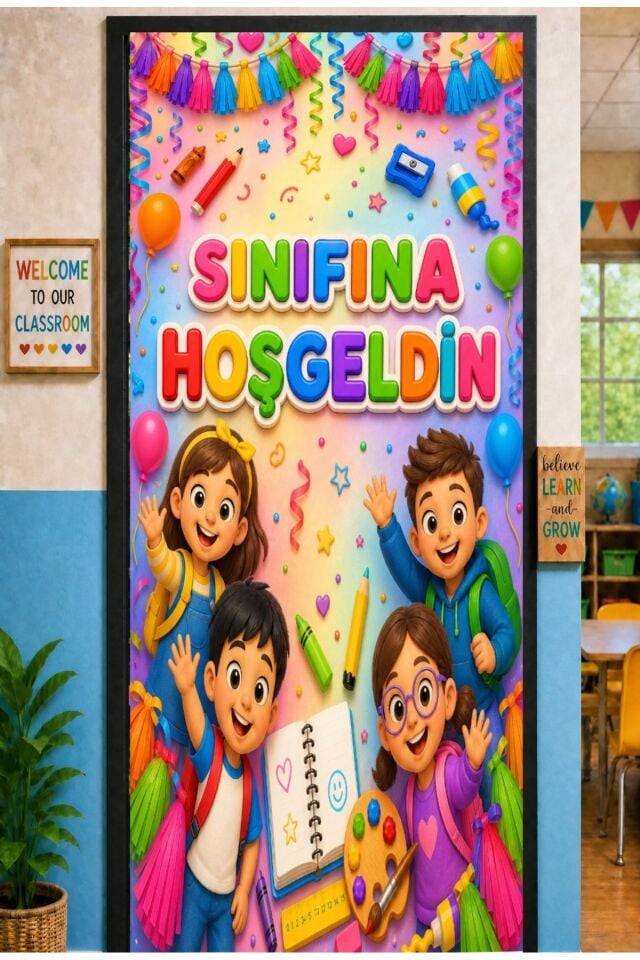 190x75cm Lastikli kapı süsü, Kumaş kapı giydirme, Sınıfına Hoş Geldin, Sınıf Kapısı, Okul etkinlik kapı süsü