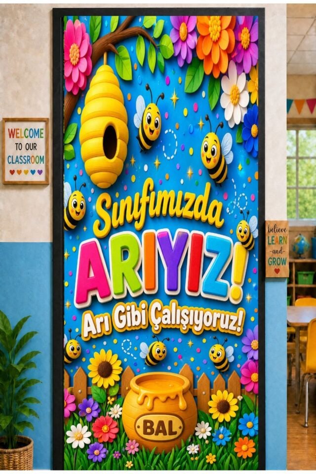 190x75cm Lastikli kapı süsü, Kumaş kapı giydirme, Sınıfımızda Arıyız, Arı Gibi Çalışıyoruz Sınıfı, Sınıf Kapısı, Okul etkinlik kapı süsü