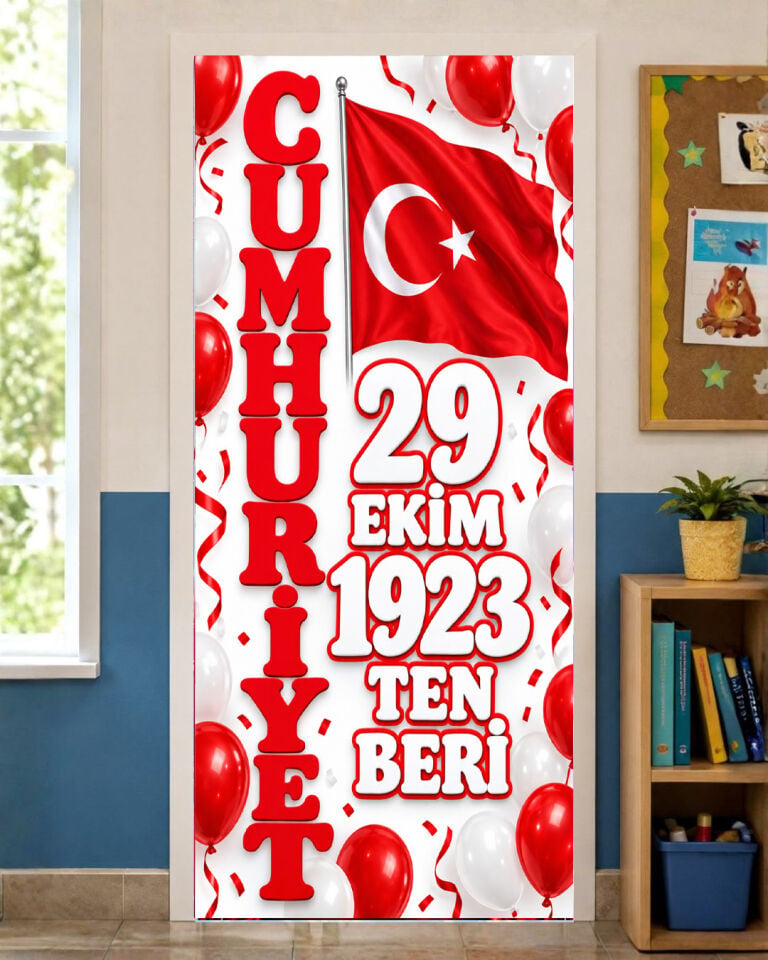 190x75cm Lastikli okul sınıfları kapı giydirme, 29 Ekim Cumhuriyet Bayramı, Kumaş kapı giydirme, Sınıf Kapısı, Okul etkinlik kapı giydirme