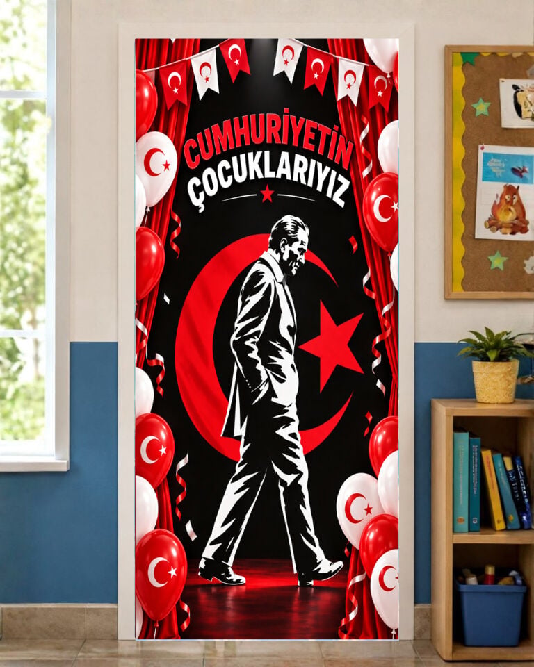 190x75cm Lastikli okul sınıfları kapı giydirme, 29 Ekim, Cumhuriyetin Çocuklarıyız, Kumaş kapı giydirme, Sınıf Kapısı, Okul etkinlik kapı giydirme