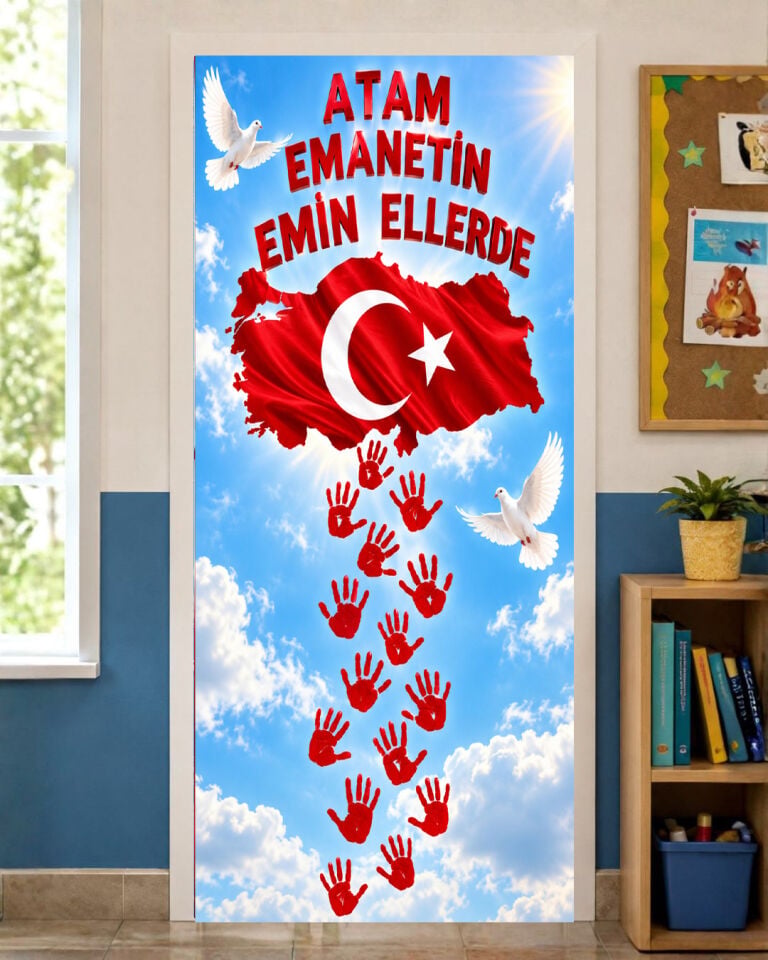 190x75cm Lastikli okul sınıfları kapı giydirme, 29 Ekim, Atam Emanetin Emin Ellerde, Kumaş kapı giydirme, Sınıf Kapısı, Okul etkinlik kapı giydirme