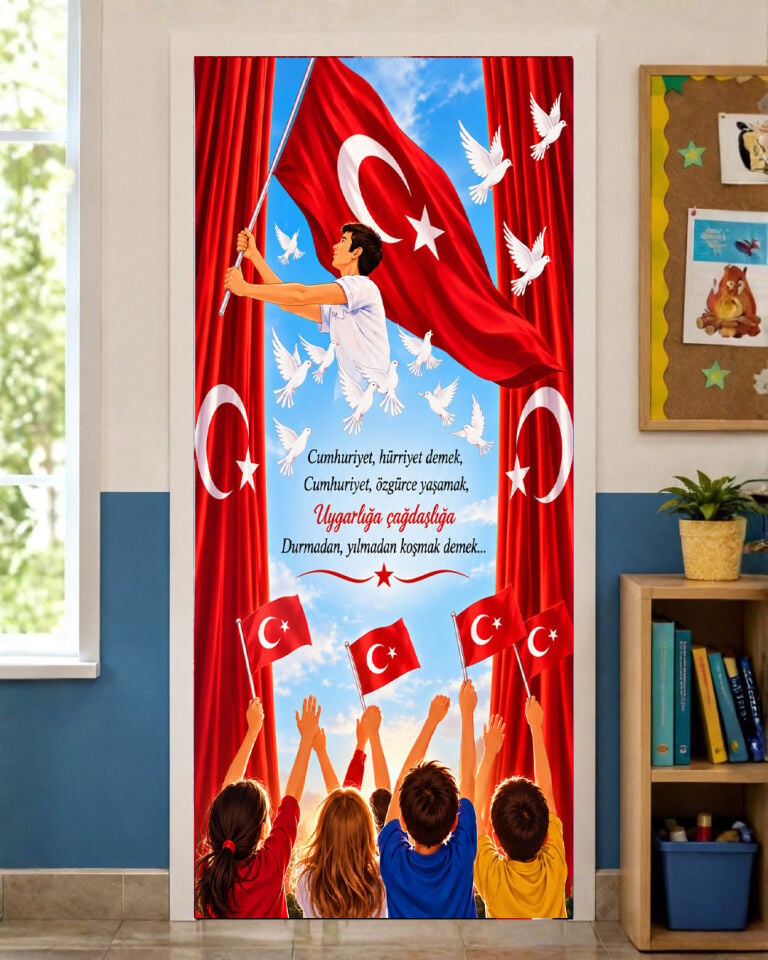 190x75cm Lastikli okul sınıfları kapı giydirme, 29 Ekim, Cumhuriyet Hürriyet Demek, Cumhuriyet Bayramı, Kumaş kapı giydirme, Sınıf Kapısı, Okul etkinlik kapı giydirme