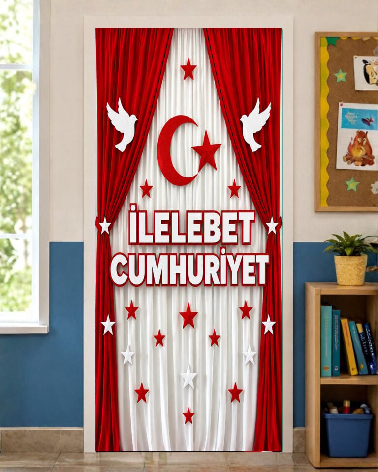 190x75cm Lastikli okul sınıfları kapı giydirme, 29 Ekim, İlelebet Cumhuriyet, Kumaş kapı giydirme, Sınıf Kapısı, Okul etkinlik kapı giydirme